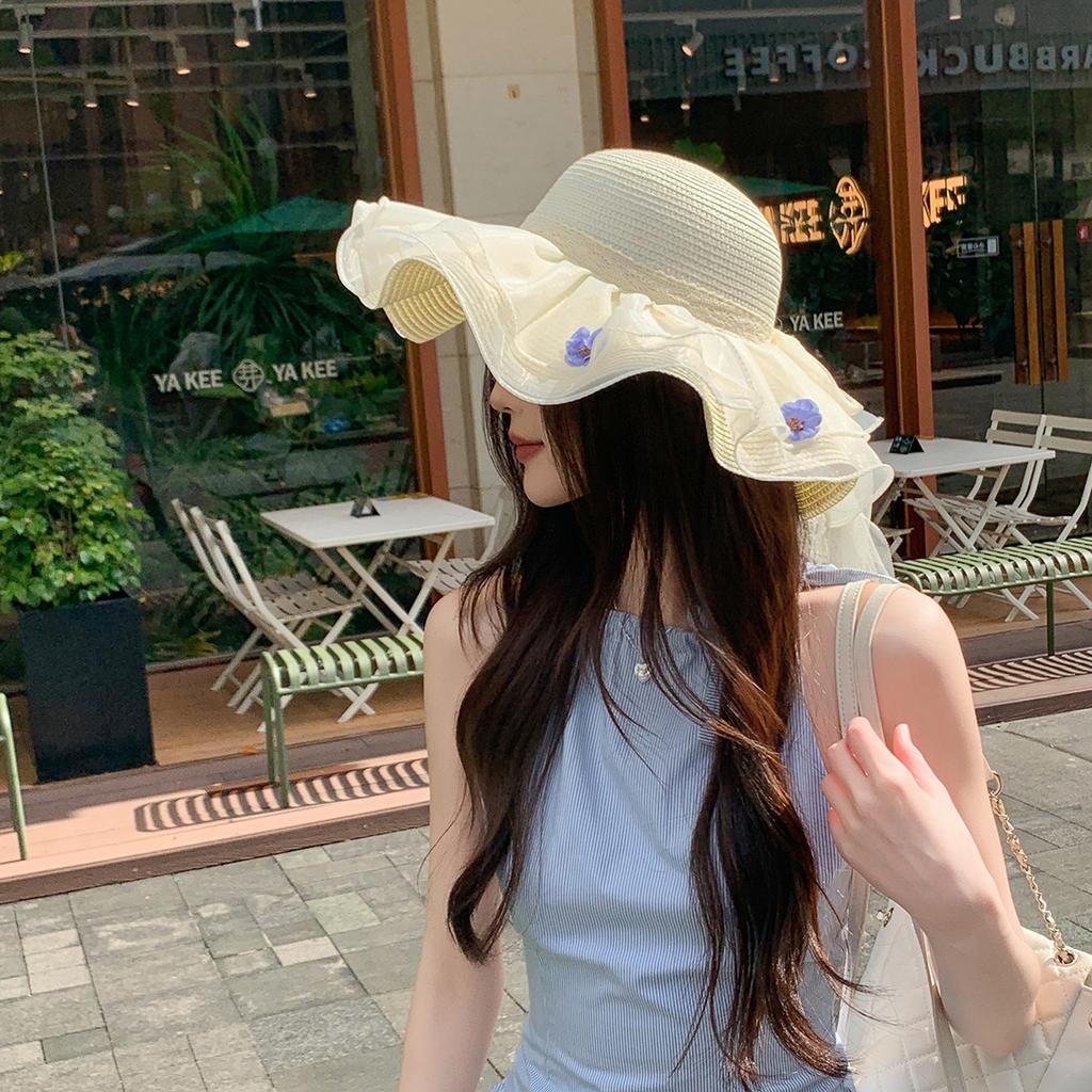 Straw hat women's summer streamer flower lace bow sun hat seaside beach UV protection sun hat