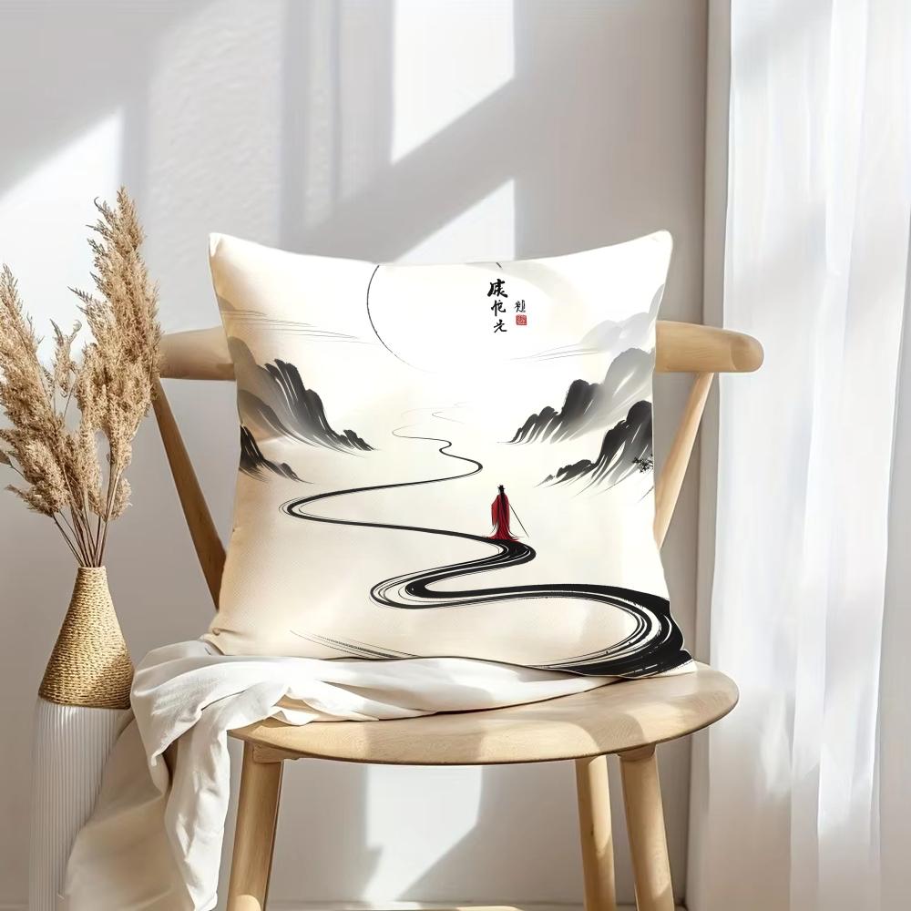 Chinese Ink Style Cushion Cover Soft Plush Throw Pillow Cover | Double-Sided Decorative Cushion Case | Sofa Bedroom Home Decor