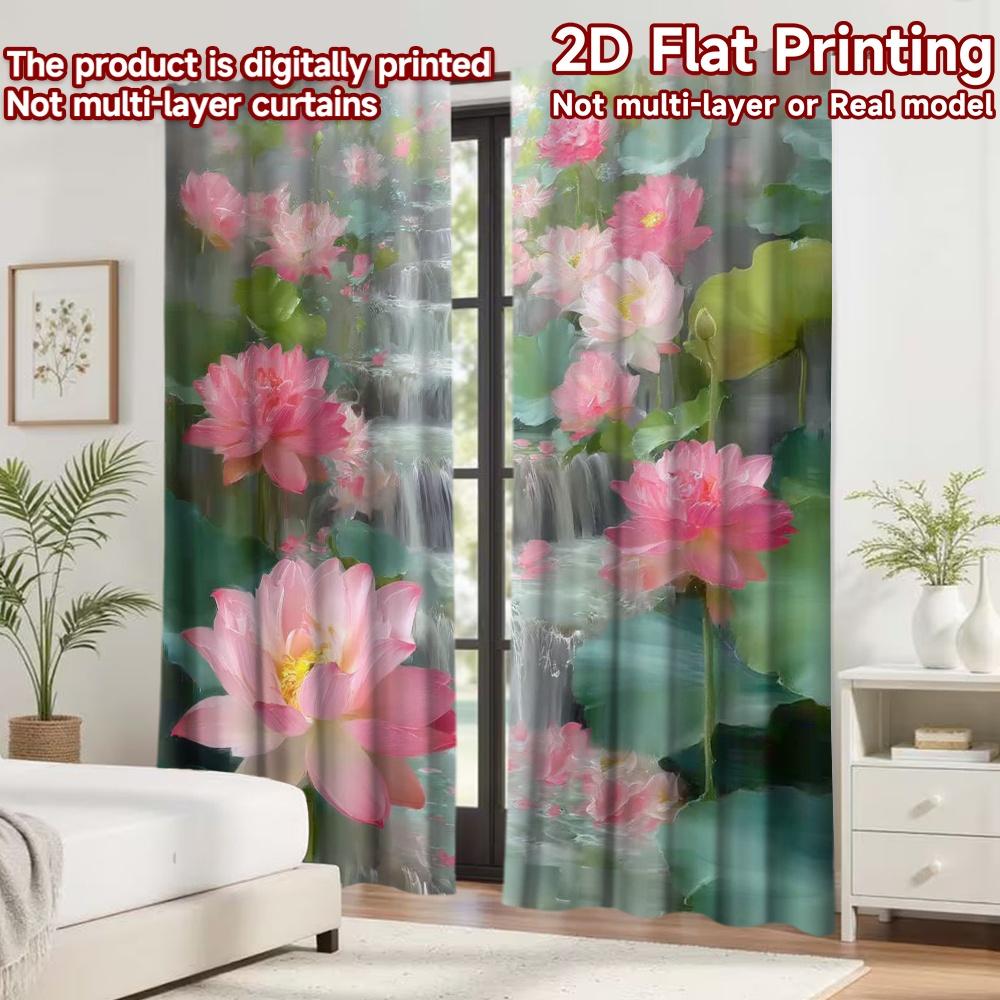 2D Flat Printing 2pcs Curtain Party Window Curtains Waterfall with Pink Lotuses Digital Printed Polyester Drapes Holiday