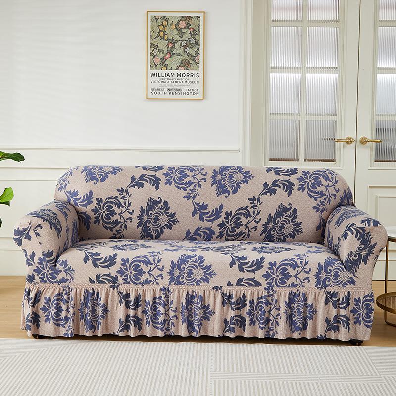 Floral Printed Elastic Sofa Cover With Skirt Hem Non-Slip Seat Cushion With Elastic Band All-Cover Couch Covers For All Seasons