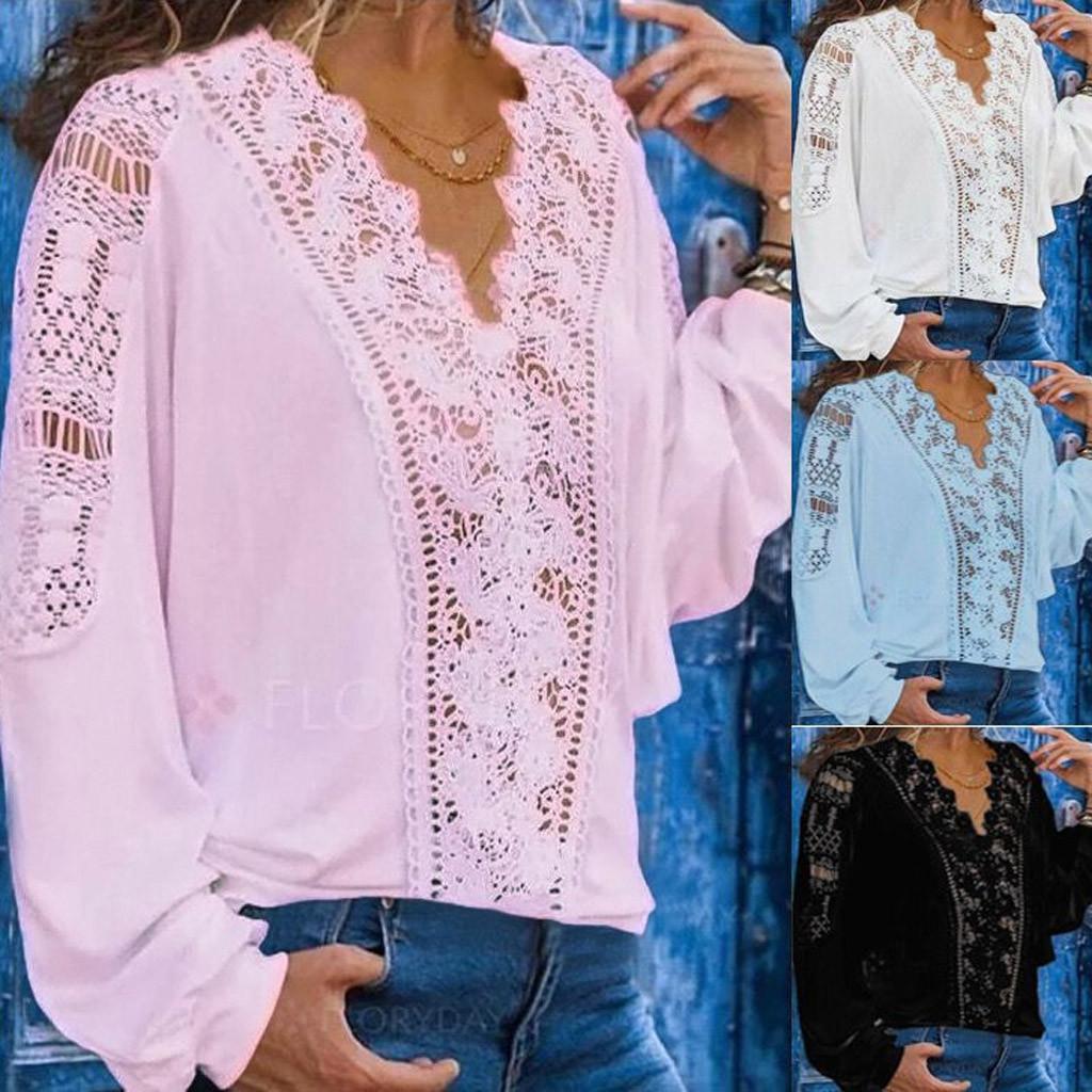 

Модная женская повседневная однотонная кружевная лоскутная блузка с v-образным вырезом и длинными рукавами, топы