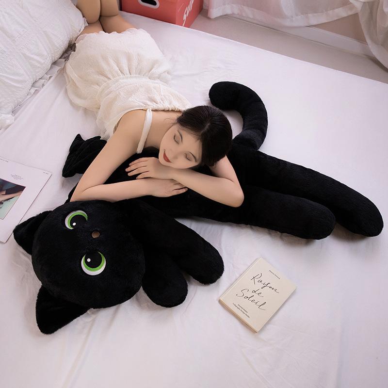 New Black Cat Long Sandwich Throw Pillow Plush Toy Cat Doll Bed Throw Pillow Soothing Sleeping Gift Woman
