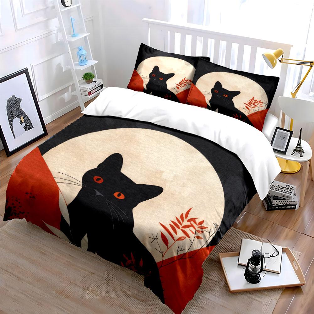 Black Cat Art Decor Trio Soft Comfortable Duvet Cover Bedding Set Included 1*Duvet Cover & 2*Pillowcases, Gift