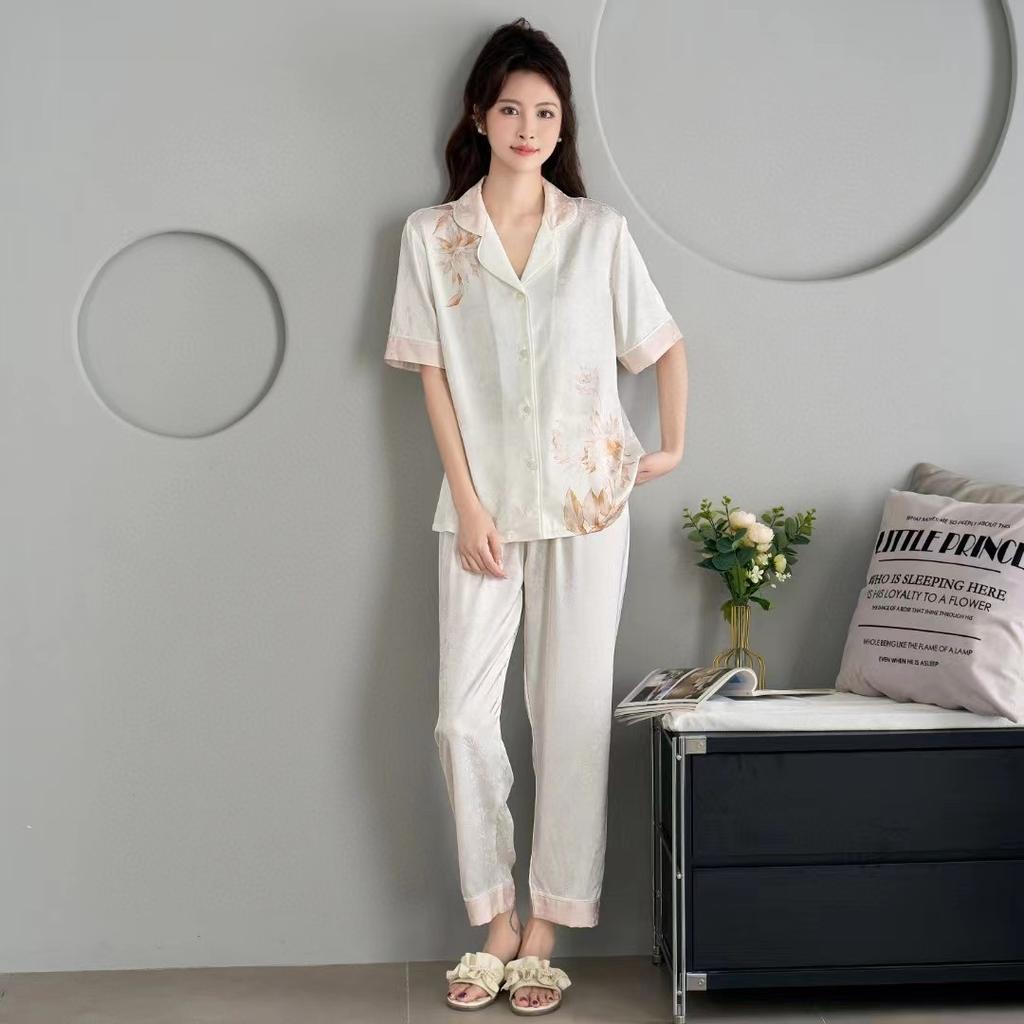 1011 New Spring and Summer Women's Pajamas Women's Autumn Ice Silk Homewear Short Sleeve Pants Jacquard Set