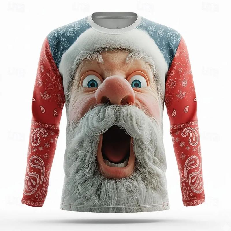 Men Christmas Long Sleeve T‑Shirt 3D Santa Claus Print Red White Stripe Autumn Xmas Holiday Party Casual Tee Tops