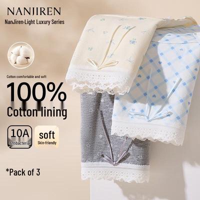 Women's Korean Floral Antibacterial Mid-Waist Cotton Underwear 3-Pack