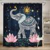 Mandala Shower Curtain 180x180cm – Elephant & Lotus In Turquoise, Boho Spiritual Bathroom Decor, 12 Hooks