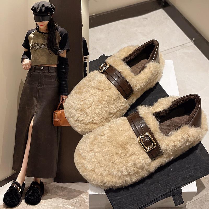 thick-soled fluffy shoes for women to wear outside autumn and winter new versatile one-pedal Doudou shoes with velvet cotton shoes