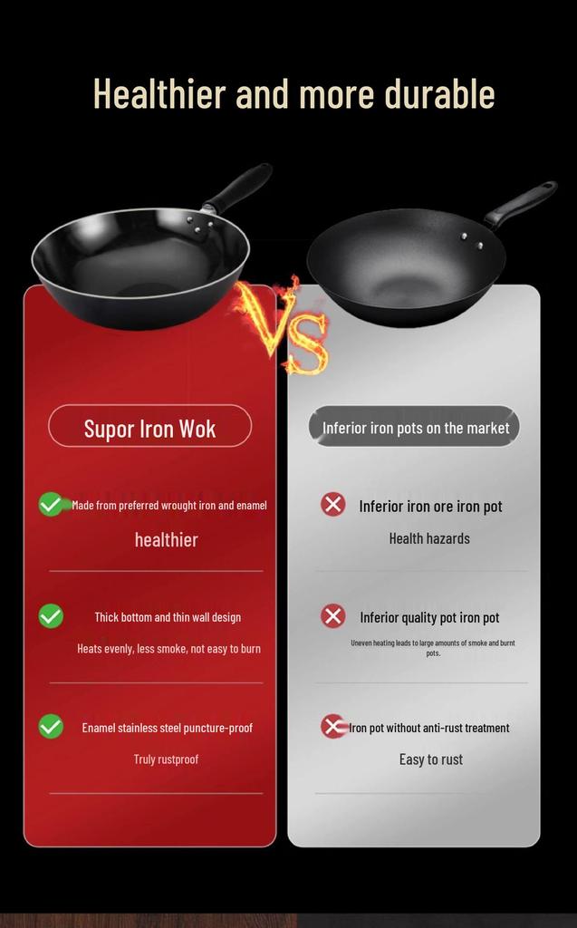 Supor Large Enamel Iron Stir-Fry Wok for High-Heat Cooking