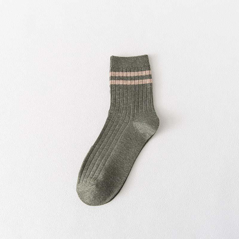 Men's Mid-calf Socks Spring and Autumn Two-bar Solid Color Cotton Socks Breathable Striped Men's Autumn and Winter Double-needle Long Calf Socks
