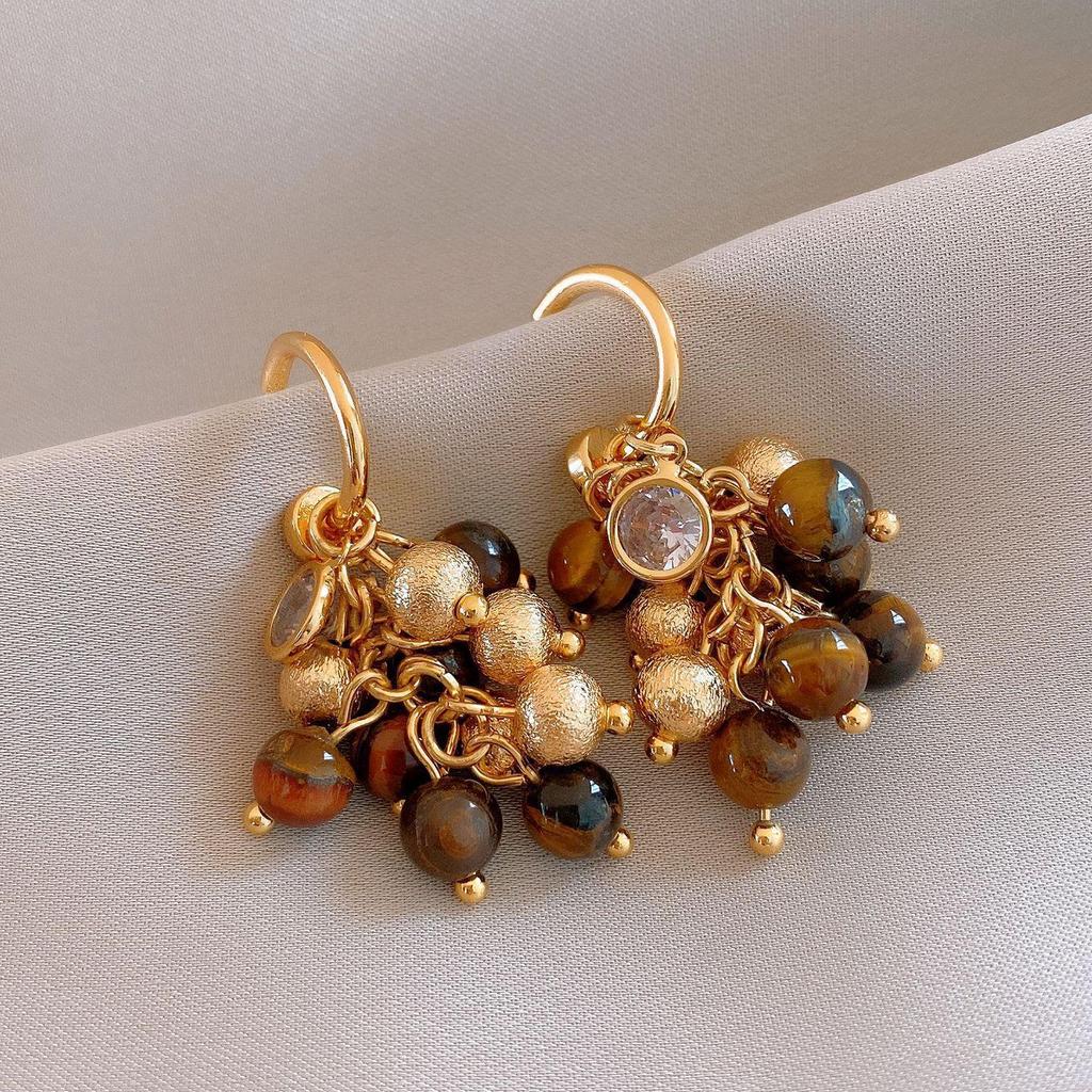 Geometric Tiger's Eye Stud Earrings, Retro Millard Style - Unique Design with Silver Needle 