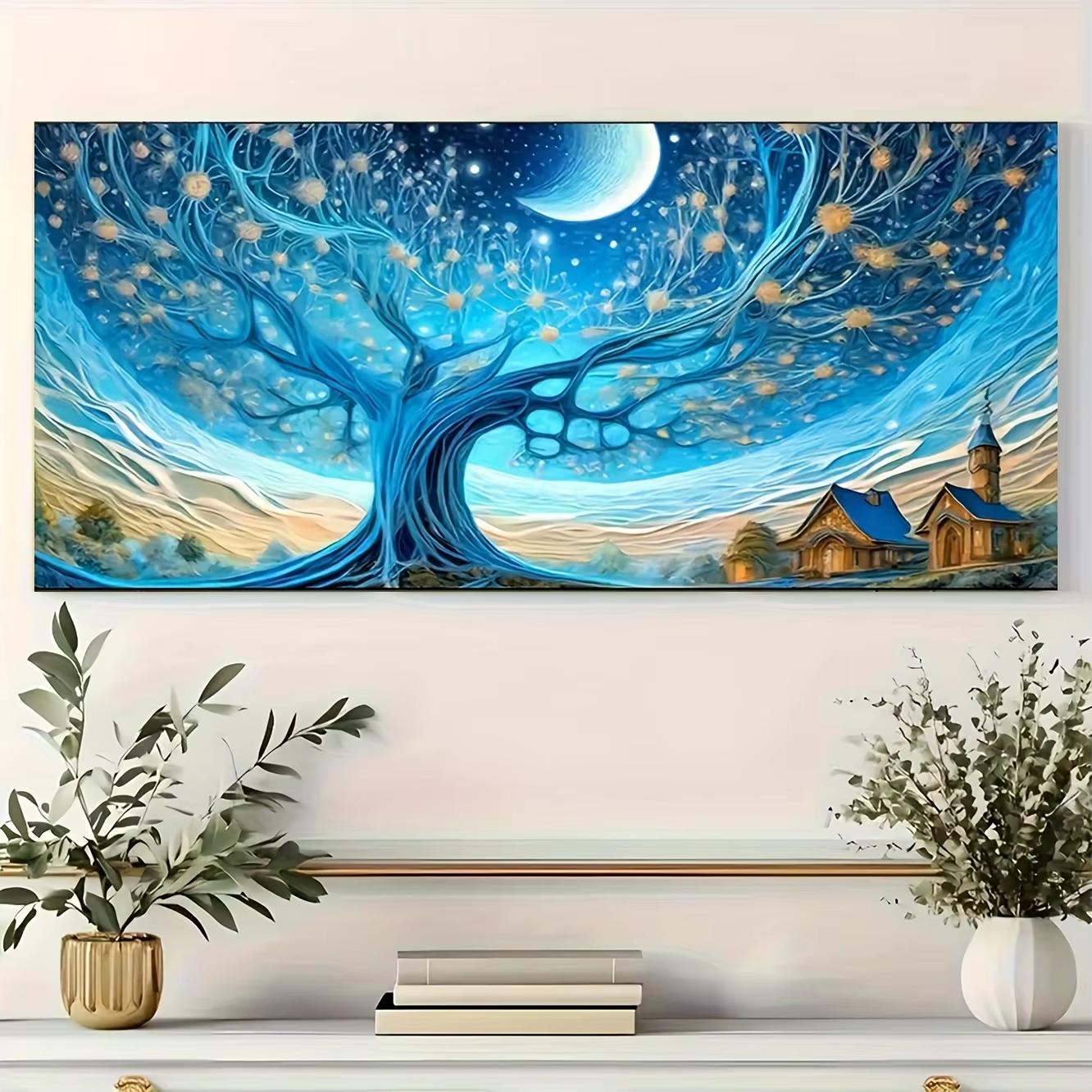 

1pc Starry Night Sky Canvas Art - Winter Landscape with Moon and Stars, Vibrant Blue and Purple Modern Wall Decor for Living Roo (as the picture,50x100cm No Frame)