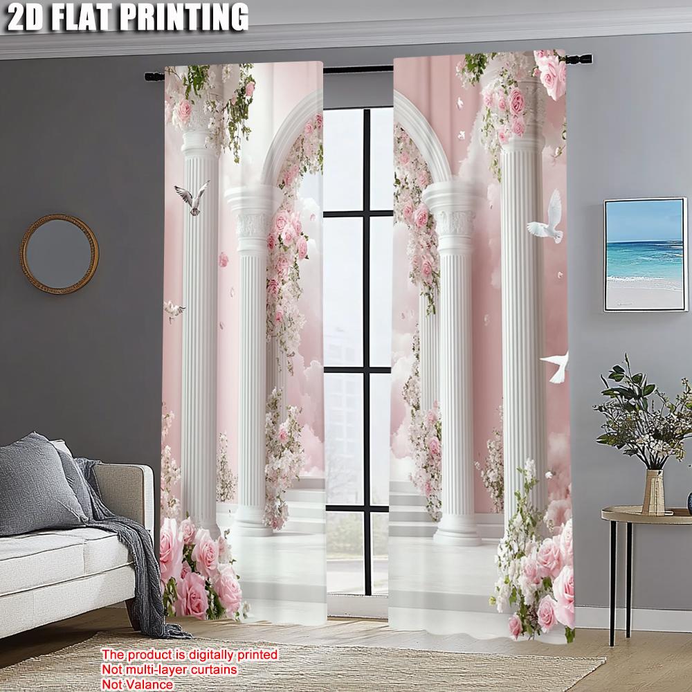 Curtain Set Print Pink Rose Arch Column Durable Polyester Without Rod Gifts Use Living Room Bedroom Home Curtains Of 2 Made Great Decor