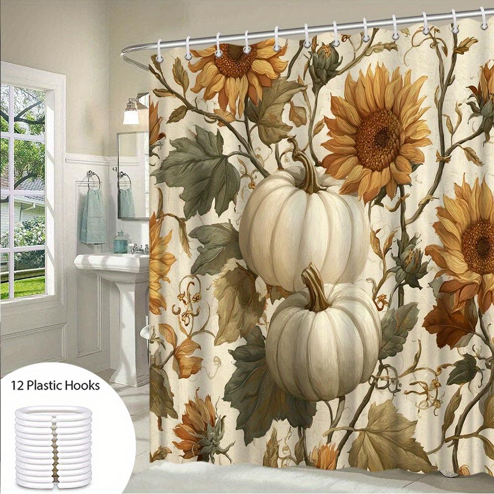 1pc Extra Large Autumn Shower Curtain - Elegant Floral Bathroom Decor with Sunflowers, Pumpkins, Beige/Orange/White/ Green