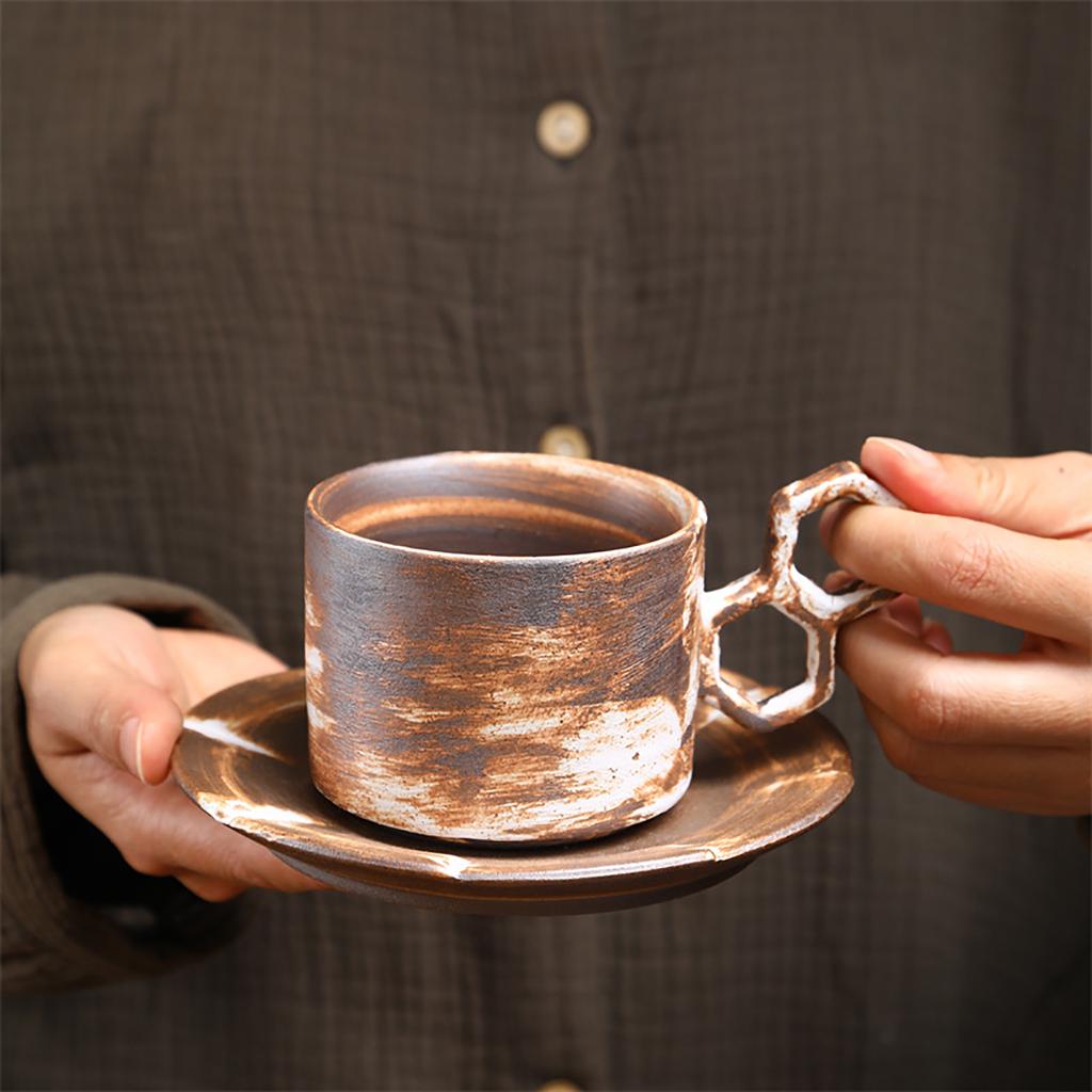 Handcrafted Ceramic Coffee Cup and Saucer Set 7.4 Oz Mug with Unique Handle Rustic Glazed Finish Modern Design for Espresso Tea