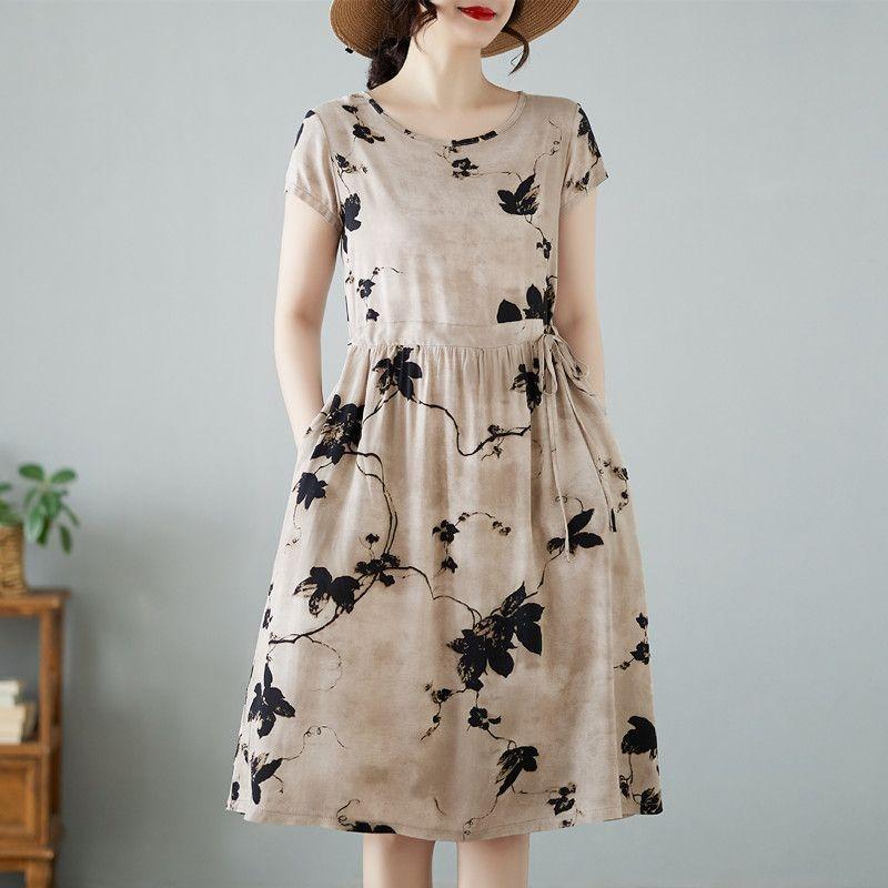 

Женское платье с коротким рукавом Цветочный принт Свободное Миди Повседневное Винтажный стиль Удобное Ежедневное Летнее M серый