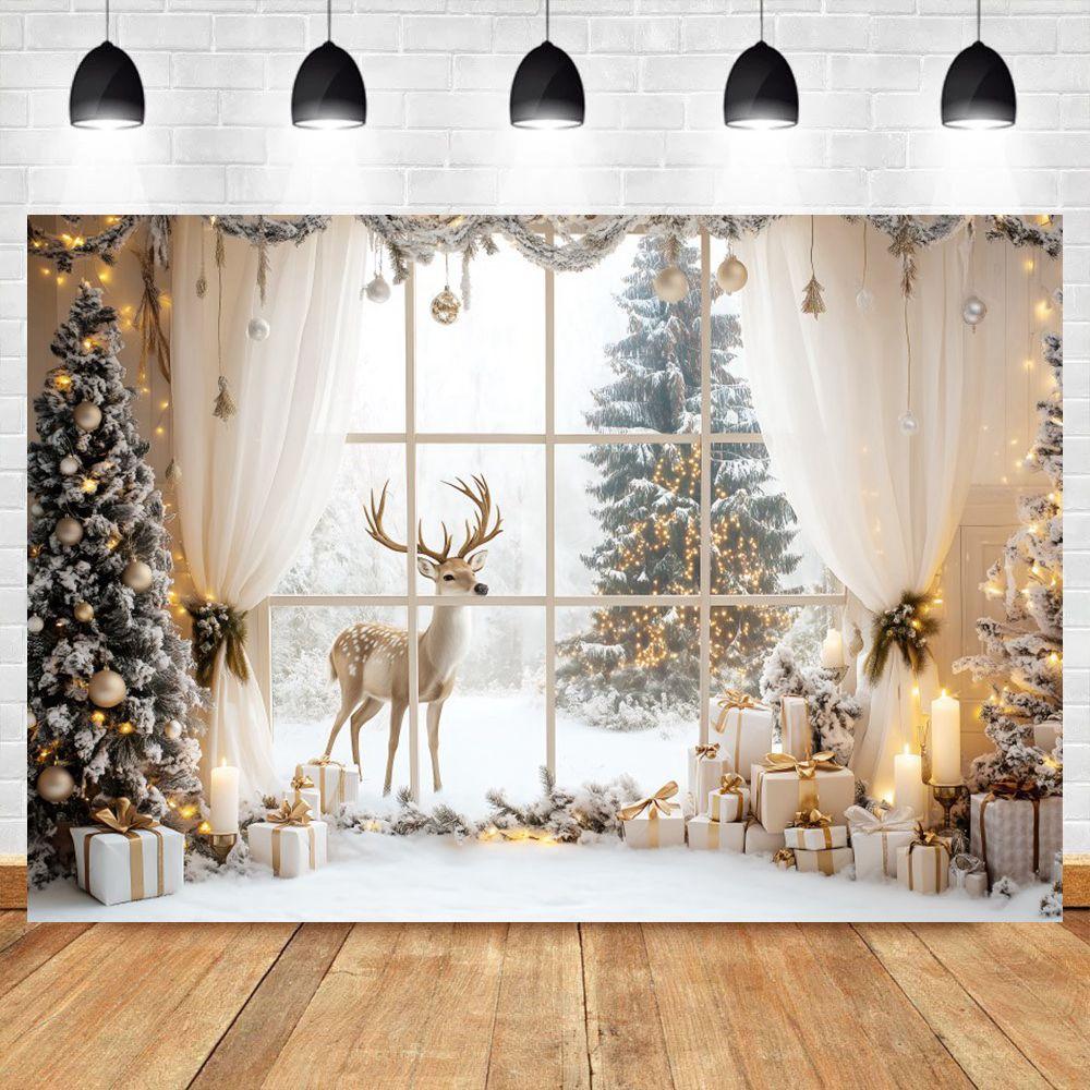 Christmas Elk Decoration 2025 Backgrounds For Photographs Window Curtains Christmas Tree Gift Box Family Party Portrait Backdrop