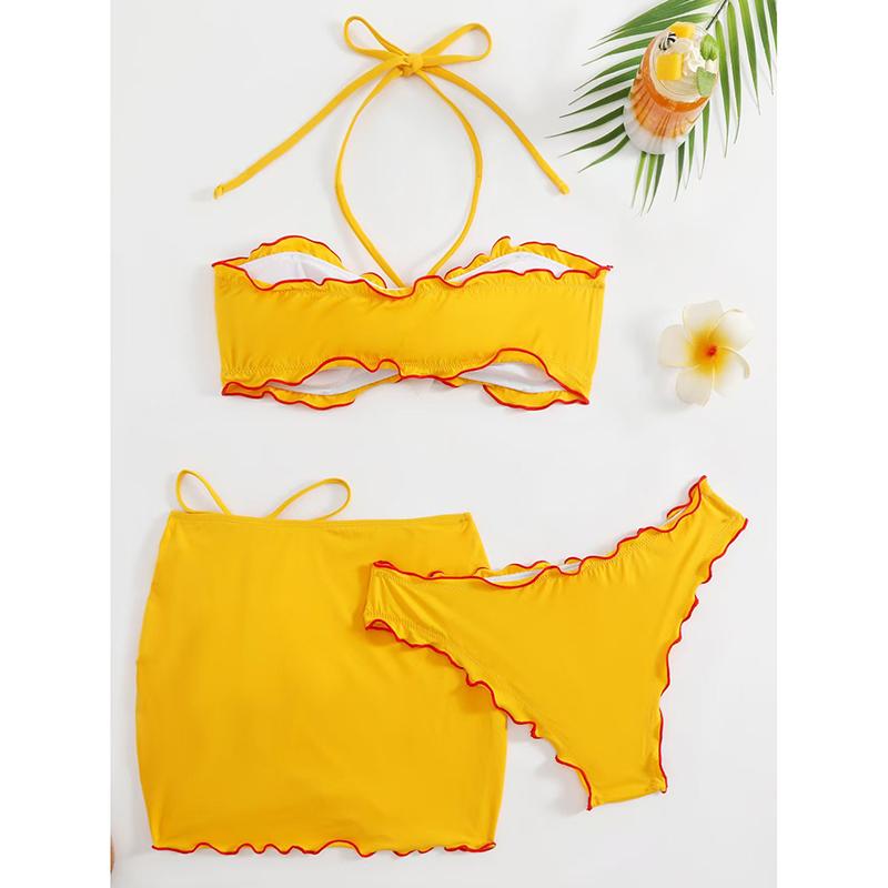 New Sexy Ruffle Frilled Three Pieces Bikini Sets Swimsuit For Women Flowers Swimwear Female Halter Push Up Bathing Suit