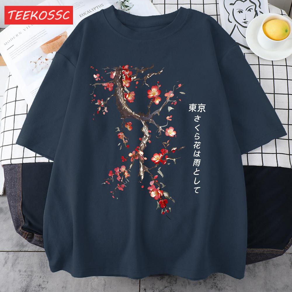 Cherry Blossoms And Rain In Tokyo Men Retro TShirt Casual Cotton Tee Loose Hip Hop Clothes Male ONeck Comfortable Short Sleeve