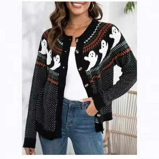 2024 Retro Polka Dot Long Sleeve Knit Cardigan – Women's Halloween Ghost Sweater, Loose Fit, European American Style