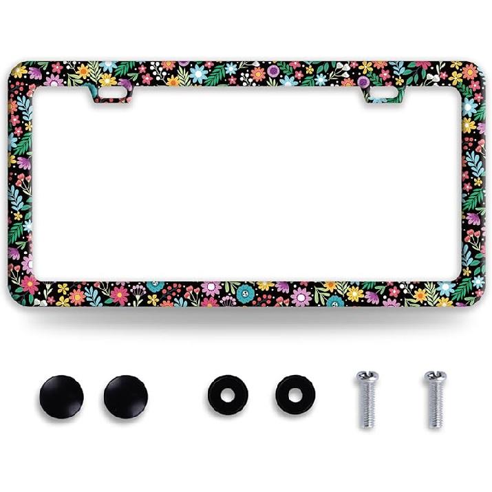 Line Art Flowers License Plate Frame Beautiful Floral License Plate Frames Funny Stainless Steel Accessories Cars Decor With 2 Holes And Screws Fits