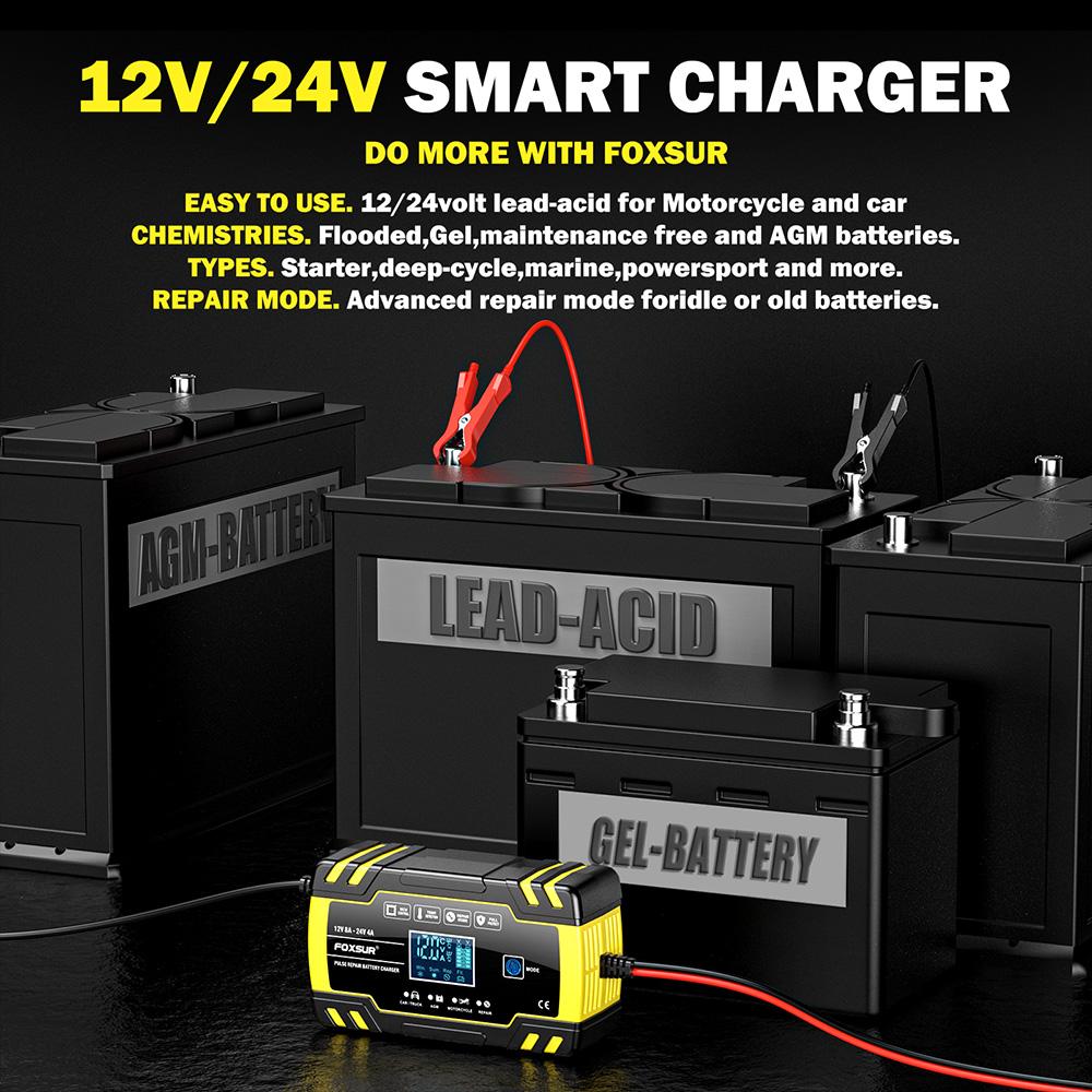 12V/8A 24V/4A Full Automatic Car Battery Charger Pulse Repair FOXSUR Car Motor Truck AGM Lead-acid LCD Display Automatic Battery Charging FBC122408D