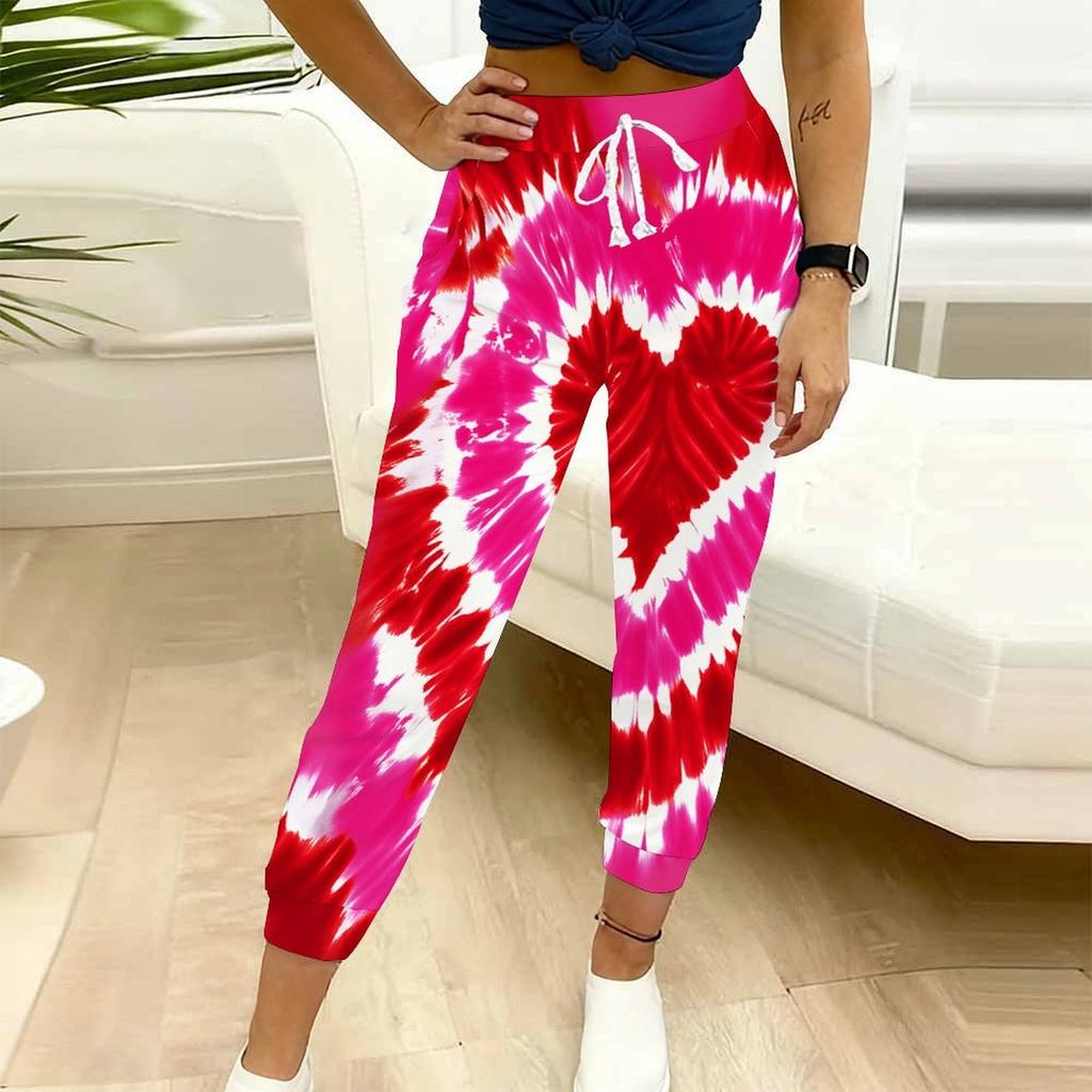 Summer Ladies Color Vortex Tie Dyeing Printed Sweatpants Loose Fit Drawstring Joggers Elastic Cuff Daily Casual Pants