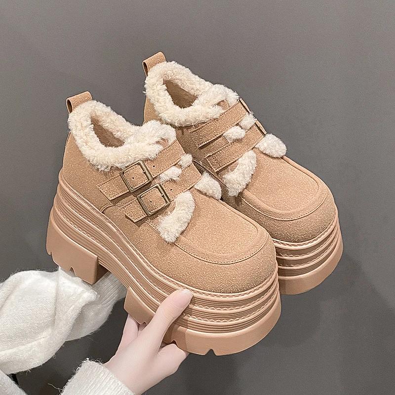 10CM New Winter Chunky Casual Snow Shoes Woman High Platform Wedge Heels Warm Fur Sneakers Fashion Women Buckle Leather Shoes