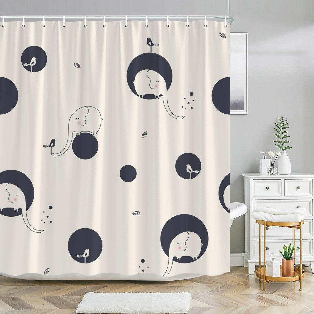 

Minimalist Black Elephants & Birds Shower Curtain - Light Beige Circles, Easy To Clean, Playful All-Season Design W60H190(CM)-1 Pcs