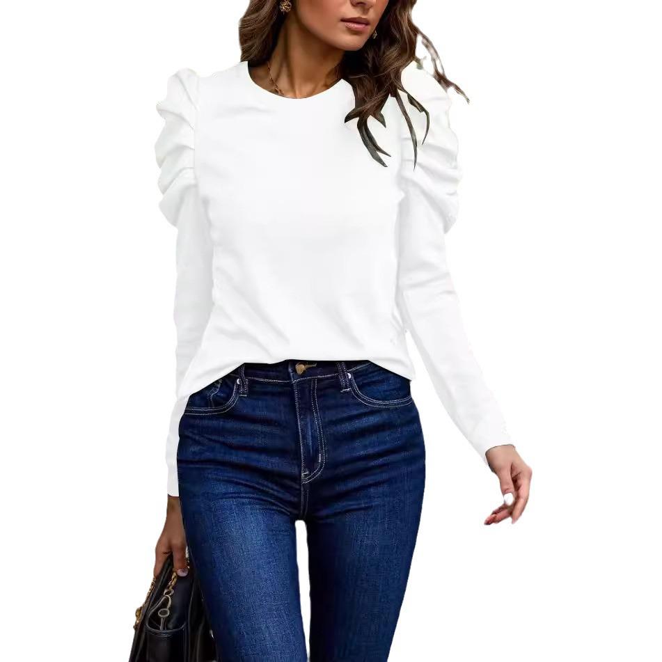2024 Women's High-Elastic Cashmere Round Neck Slim Fit Puff Sleeve Long Sleeve Top for Autumn and Winter
