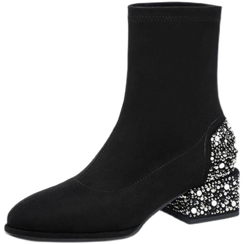 Elegant Black Suede Ankle Boots with Rhinestone Pearl Detail, Round Toe & Slim Elastic Fit