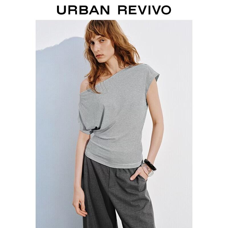 UR2026 Women s Summer Slanted Collar Contrast Stripe T-Shirt XS