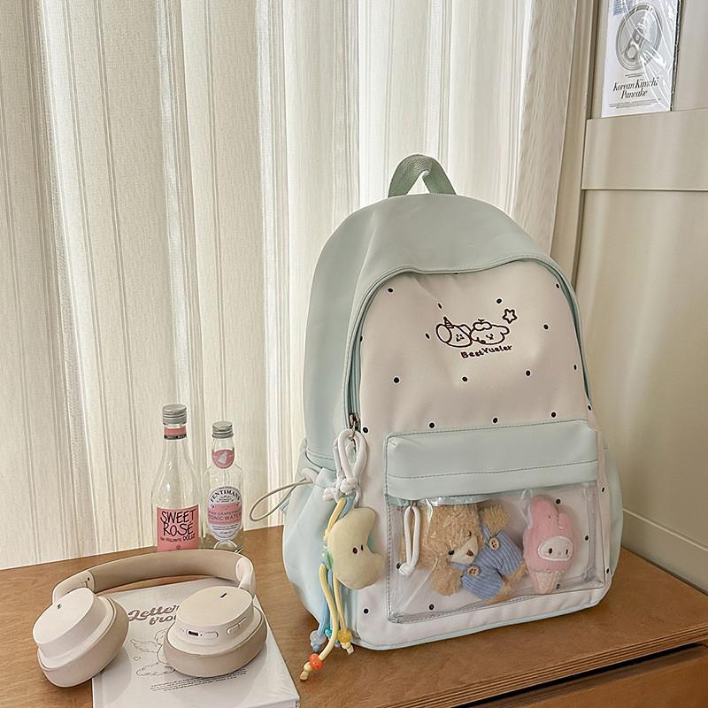 

Cute Color Blocked Polka Dot Cartoon Rabbit Pattern Student Bag With Pendant For Travel And School