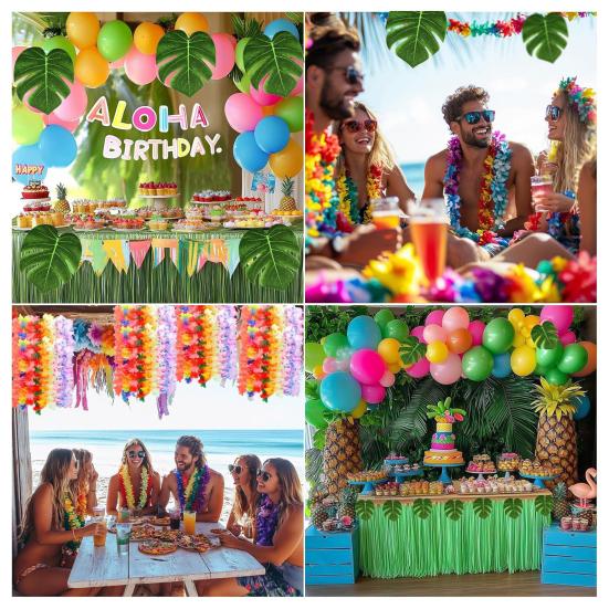 70 Pcs Hawaiian Leis Luau Party Decoration Artificial Tropical Palm Leaves Hibiscus Flowers Hula Dance Party Favors for Summer