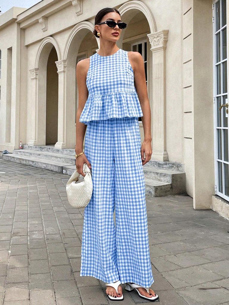 2026 Europe Casual Round Neck Sleeveless Ruffle Hem Top & High Waist Straight Long Pants