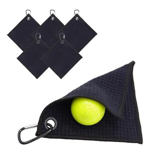 Golf ball wipe towel mini carabiner compatible balls clubs compact 5 pieces (black)