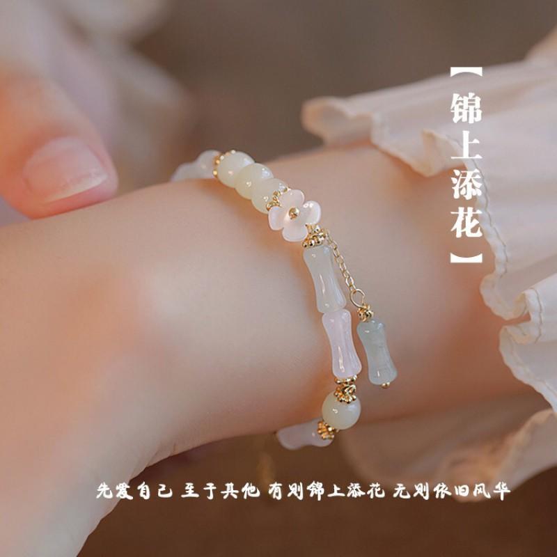 Handcrafted Jade Bamboo-Style Bracelet Women Vintage Floral Design Delicate Boho Jewelry Gift