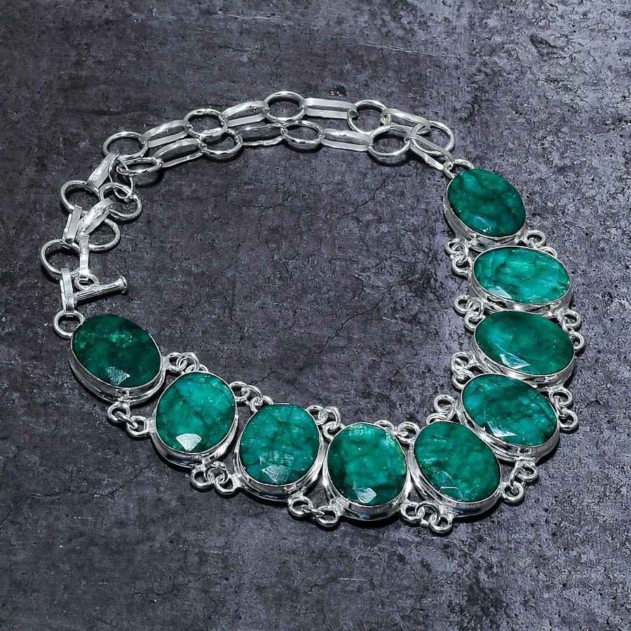 Natural Emerald(Simulated) 925 Sterling Silver Jewelry Necklace 18" R6m84
