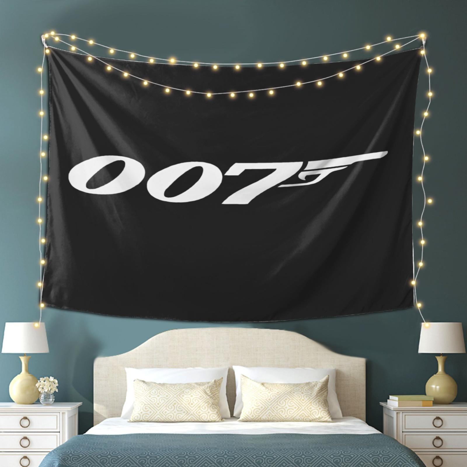 

007 Themed Black Tapestry with Golden String Lights Soft Polyester Fabric Ideal for Living Room Bedroom or Office Decor 74x94cm(29x37in)
