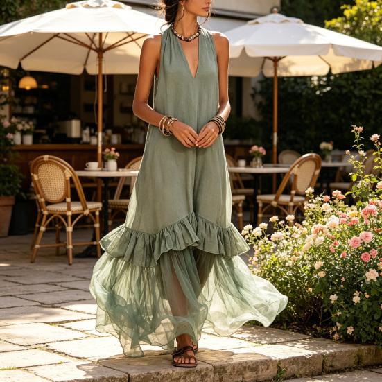 Summer Sleeveless Maxi Dress for Women, Deep V Neck Mesh Patchwork Long Dress, A-line Ruffle Flowy Beach Sundress
