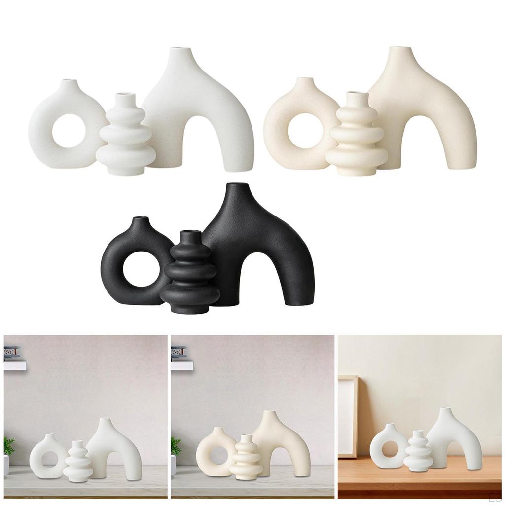 3Pcs Ceramic Flower Vase Abstract Home Desktop Display Entryway Planter Beige White