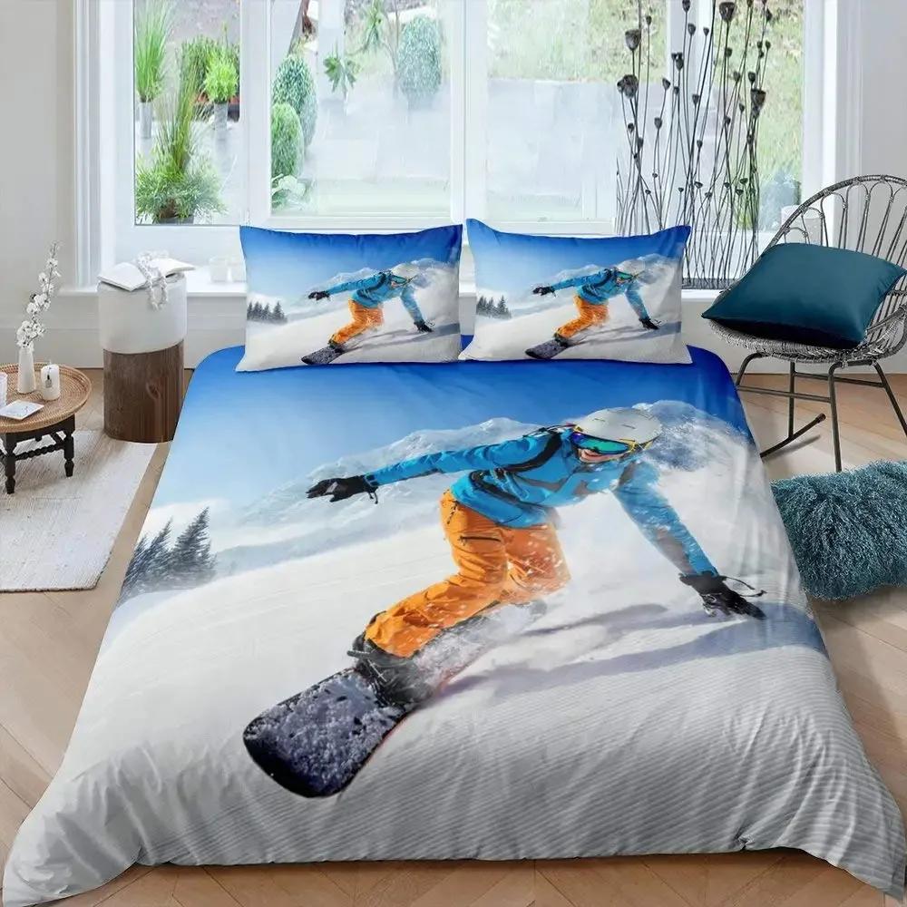 Ski Sports Duvet Cover Set Full Size Winter Sports Skiing Bedding Sets Snow Mountain Landscape Comforter Cover for Boys Girls