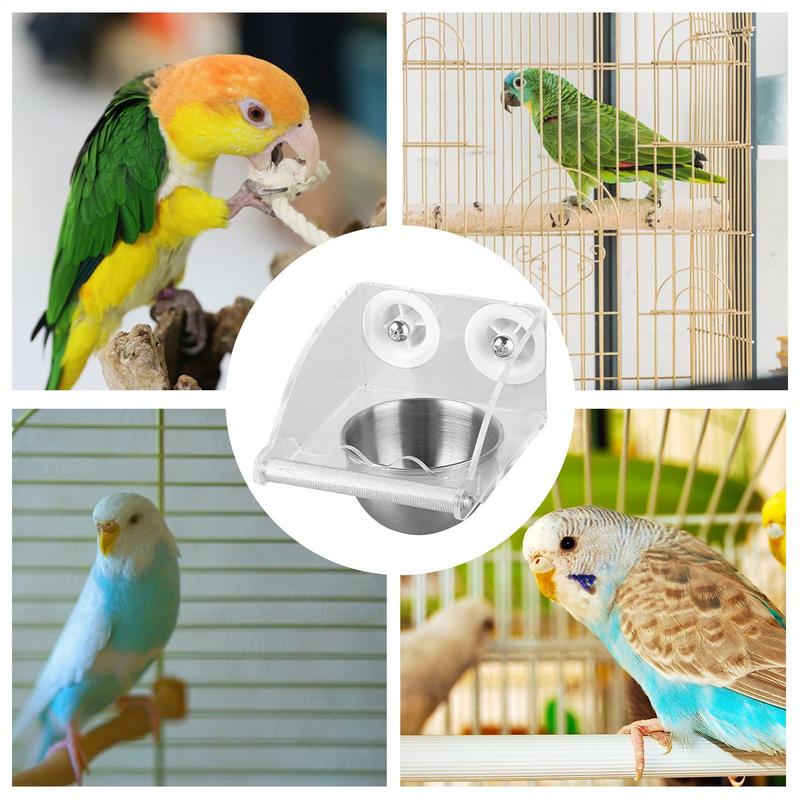 Bird Feeder For Cage Parrot Stainless Steel Bowl Waterproof Transparent Bird Feeder With Perch For Budgies Cockatiel Finches