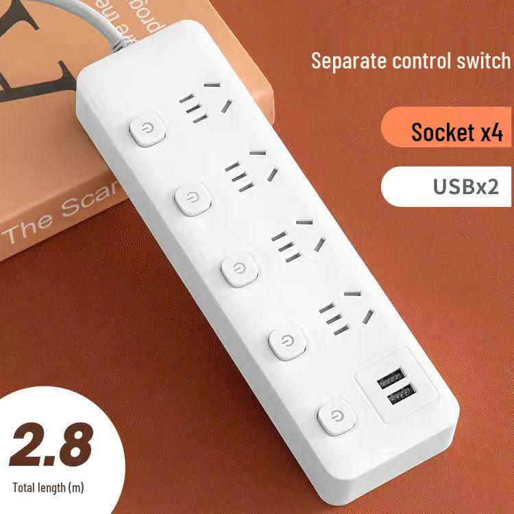 Office USB Power Strip with Multifunctional Sockets and Separate Controls, Long Cord