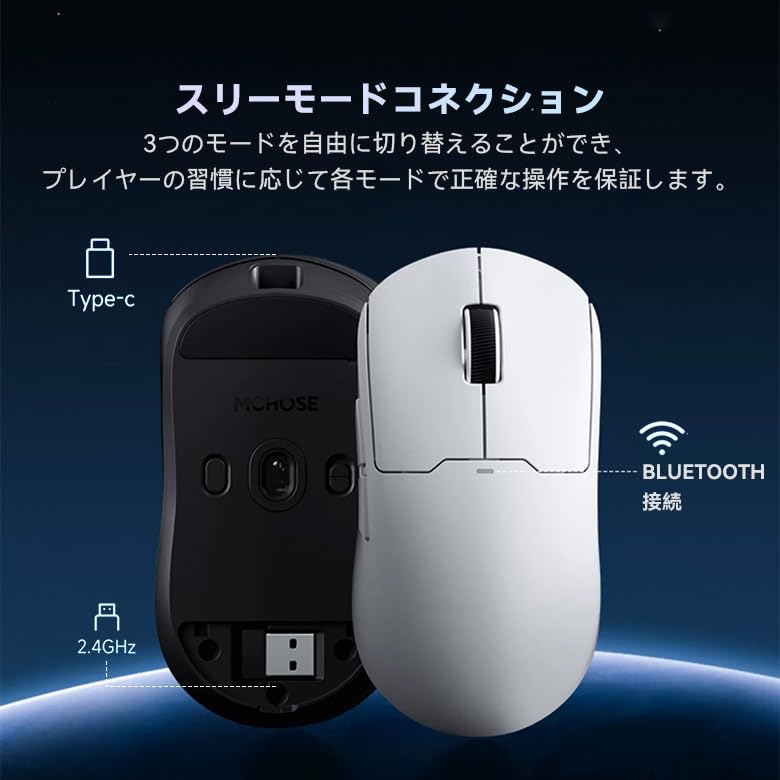 MCHOSE A5 PRO MAX Bezdrátová herní myš 500mAh Bílá, Ultralehká (59 g), PAW3395, Nordic52840, 26000DPI, Bluetooth, 2.4GHz, USB-C Připojení,