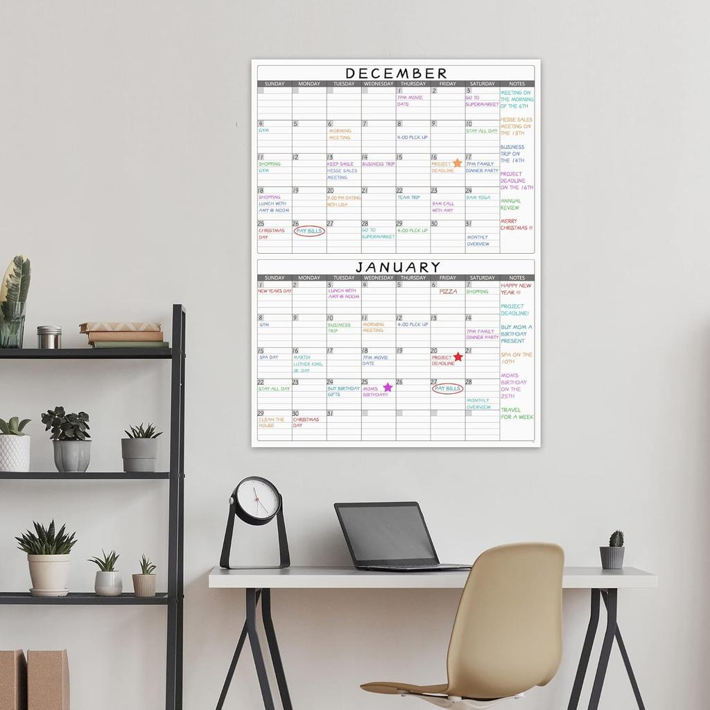 Large Dry Erase Calendar for Wall - Undated 2 Month Wall Calendar, 38" X 28"(Vertical), Erasable & Reble Laminated Wall Calendar Dry Erase with 8