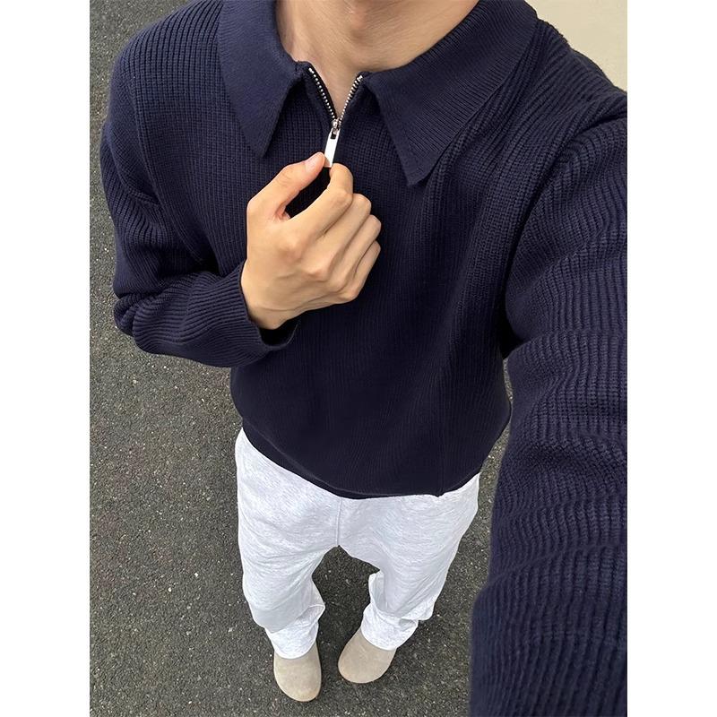 Men's Dark Blue Half-Zip Knit Sweater - Winter, Clean Fit, Versatile Casual Top