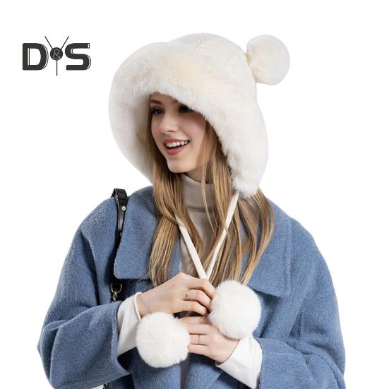 

Зимняя женская шапка из пушистого плюша с утолщенным теплом, с декором в виде мяча, защита ушей, однотонная, ветрозащитная, для кемпинга, велоспорта, катания на лыжах, головной убор белый