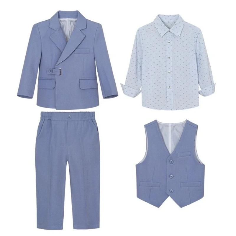 Teen Boys 4 Piece Gentleman Suit Asymmetrical Buckle Blazer Vest Dot Print Shirt Straight Pants Kids Wedding Birthday Formal Photo Matching Outfit