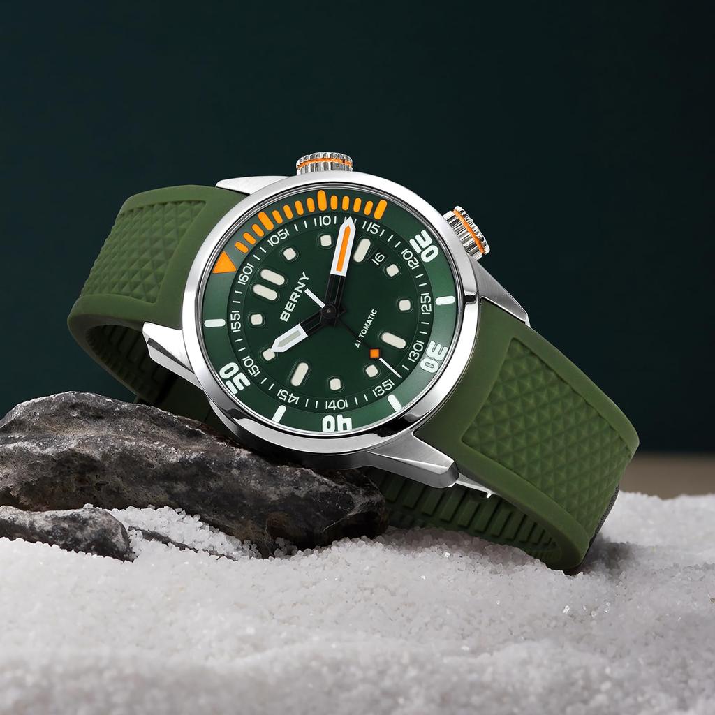 BERNY Men's Mechanical Dive Watch, 20ATM Waterproof, Sapphire Glass, Comfortable Silicone Band, Super Luminous, Automatic & Manual Wind